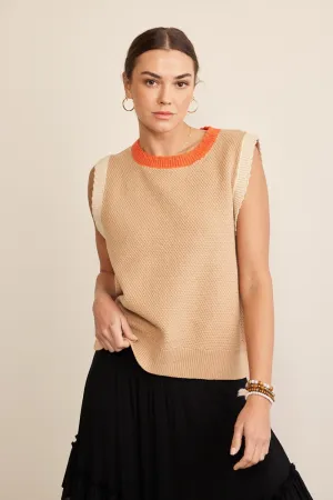 "Hazel Creme" Contrast Round Neck Sweater Vest