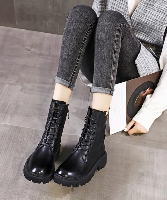 Retro Black Boots Warm Fleece Lace Up Chunky Boots