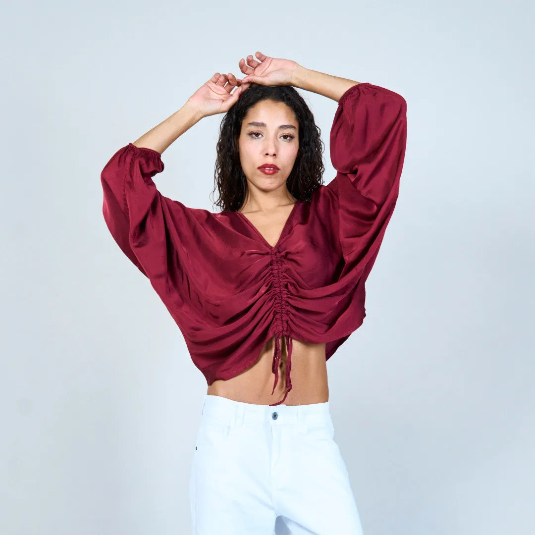 Ruched crop blouse with drawstring wholesale