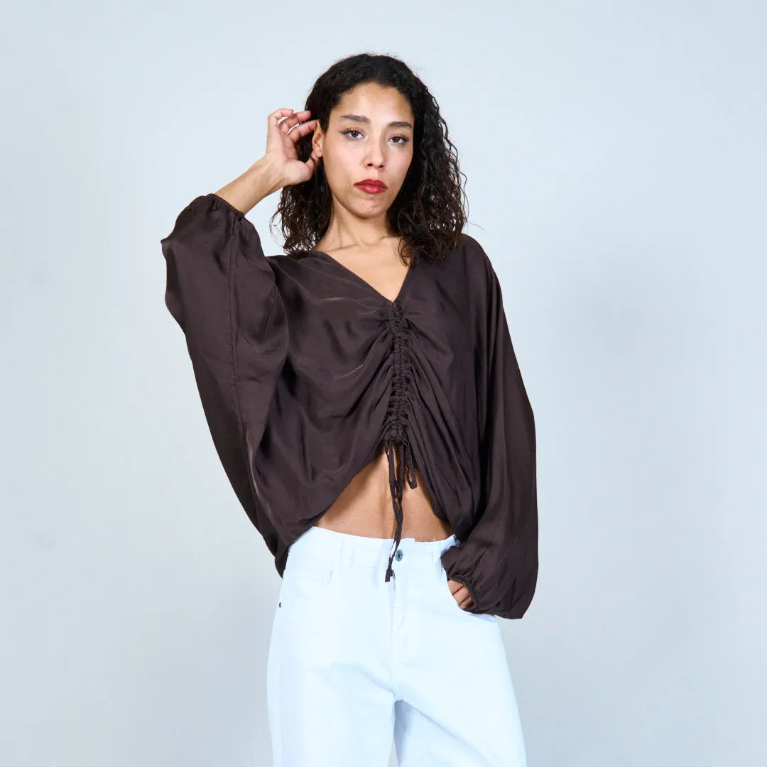 Ruched crop blouse with drawstring wholesale