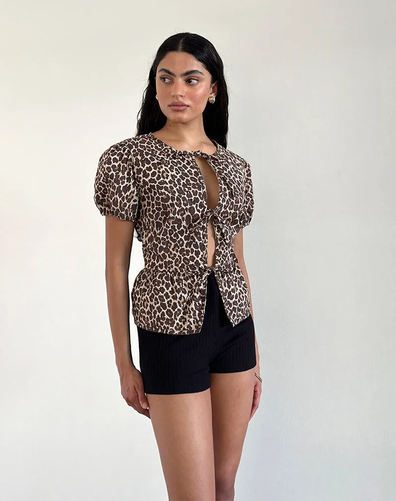 Ryota Tie Front Blouse in Leopard Sandstorm