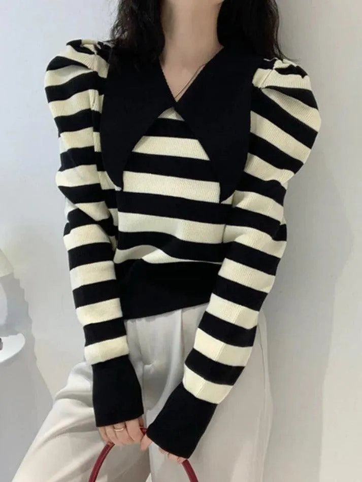 Striped Puff Sleeve Knit Sweater