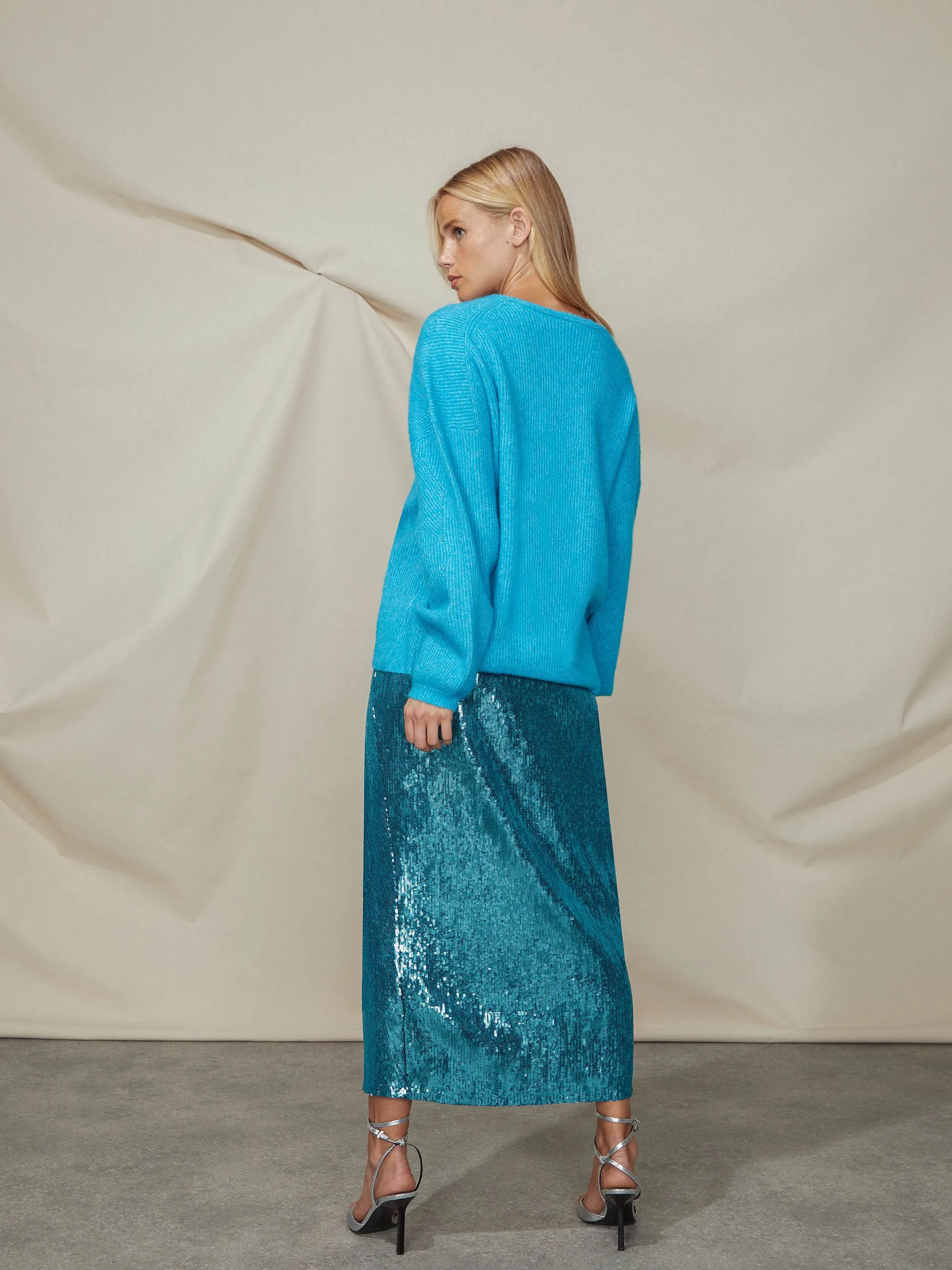 Teal Sequin Twist Front Skirt