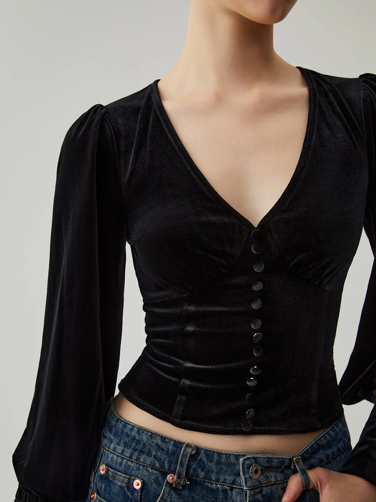 Velvet Buttoned V-neck Trendy Long Sleeve Crop Top