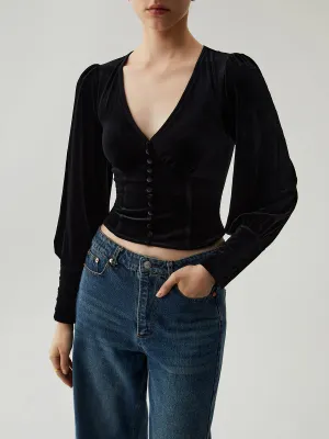 Velvet Buttoned V-neck Trendy Long Sleeve Crop Top