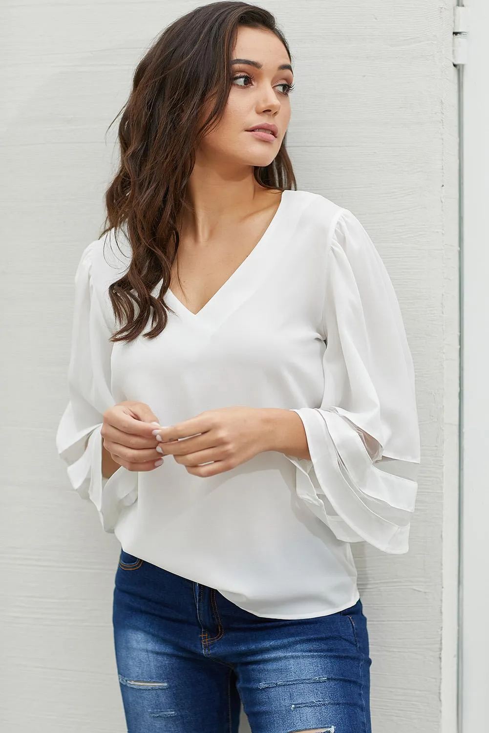 White Flare Sleeve V Neck Loose Women's Chiffon Blouse