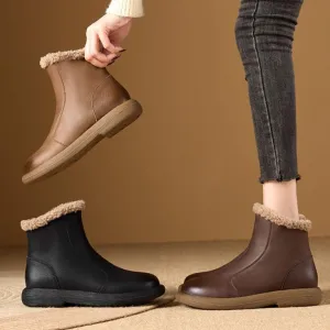 Winter Genuine Leather Cowhide Plush Thickened Warm Short Boots Women's Shoes