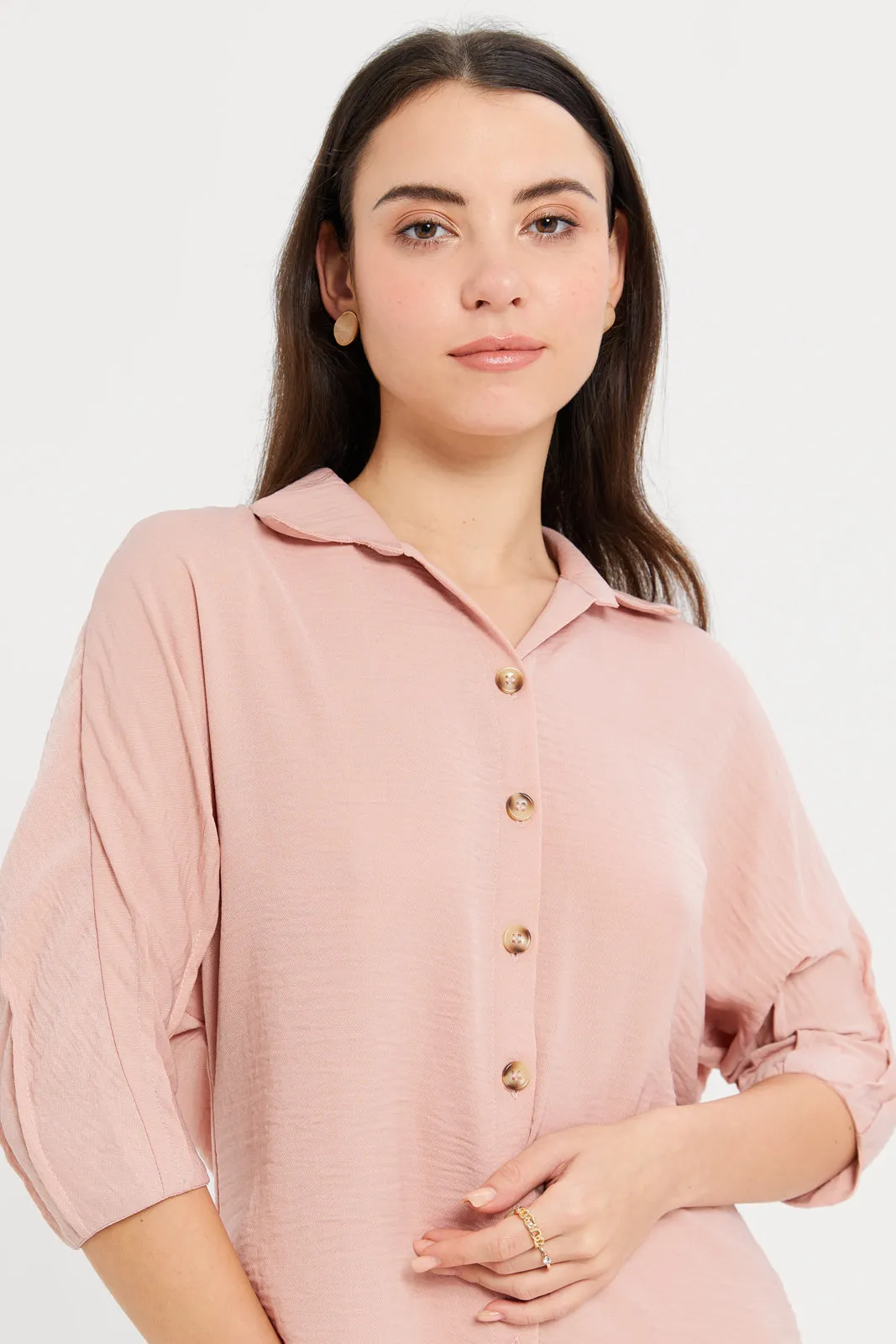 Women Pink Blush Sleeve Pleat Detail Shirt