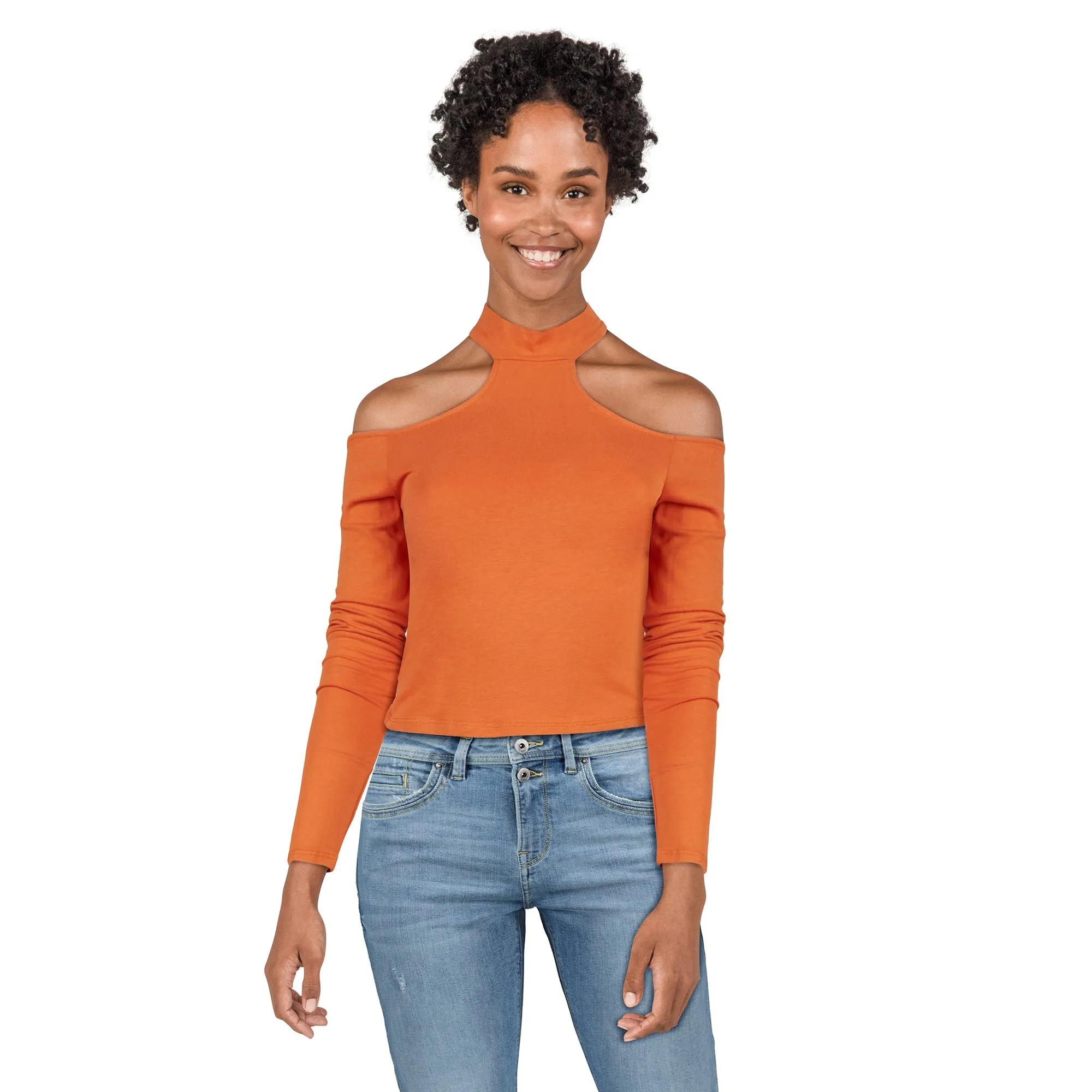 Women's Cropped Long Sleeve Cold Shoulder Top