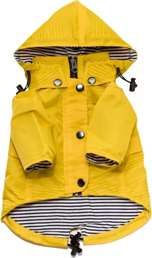 Yellow Zip up Dog Raincoat with Reflective Buttons, Pockets, Rain/Water Resistant, Adjustable Drawstring, & Removable Hood - Size XS to XXL Available - Stylish Premium Dog Raincoats by Ellie (M)